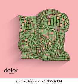 Abstrakte, geometrische Vektorform mit realistischem Schatten auf flachem Hintergrund. 3D-Computermodell Drahtrahmen futuristischen Objekt. Gitter verzerrt mit mehrfarbigen Pars. Technologiedatenwissenschaft-Symbol