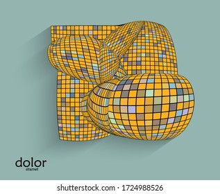 Abstract vector geometric shape with realistic shadow on flat colored background. 3D computer model  wire frame futuristic object. Grid distorted with multicolored pars. Technology data science icon.