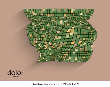Abstract vector geometric shape with realistic shadow on flat colored background. 3D computer model  wire frame futuristic object. Grid distorted with multicolored pars. Technology data science icon.