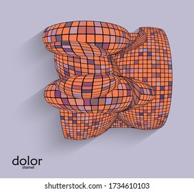 Abstract vector geometric shape with realistic shadow on flat colored background. 3D computer model  wire frame futuristic object. Grid distorted with multicolored pars. Technology data science icon.