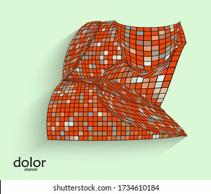Abstract vector geometric shape with realistic shadow on flat colored background. 3D computer model  wire frame futuristic object. Grid distorted with multicolored pars. Technology data science icon.