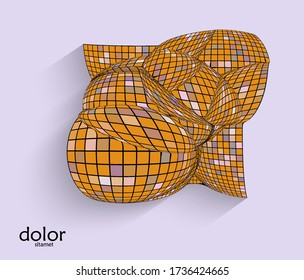 Abstract vector geometric shape with realistic shadow on flat colored background. 3D computer model  wire frame futuristic object. Grid distorted with multicolored pars. Technology data science icon.