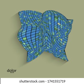 Abstract vector geometric shape with realistic shadow on flat colored background. 3D computer model  wire frame futuristic object. Grid distorted with multicolored pars. Technology data science icon.