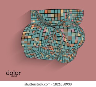 Abstract vector geometric shape with realistic shadow on flat colored background. 3D computer model  wire frame futuristic object. Grid distorted with multicolored pars. Technology data science icon.