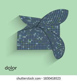 Abstrakte, geometrische Vektorform mit realistischem Schatten auf flachem Hintergrund. 3D-Computermodell Drahtrahmen futuristischen Objekt. Gitter verzerrt mit mehrfarbigen Pars. Technologiedatenwissenschaft-Symbol