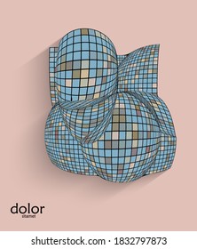Abstrakte, geometrische Vektorform mit realistischem Schatten auf flachem Hintergrund. 3D-Computermodell Drahtrahmen futuristischen Objekt. Gitter verzerrt mit mehrfarbigen Pars. Technologiedatenwissenschaft-Symbol