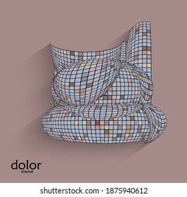 Abstract vector geometric shape with realistic shadow on flat colored background. 3D computer model  wire frame futuristic object. Grid distorted with multicolored pars. Technology data science icon.