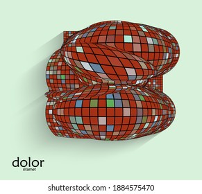 Abstract vector geometric shape with realistic shadow on flat colored background. 3D computer model  wire frame futuristic object. Grid distorted with multicolored pars. Technology data science icon.