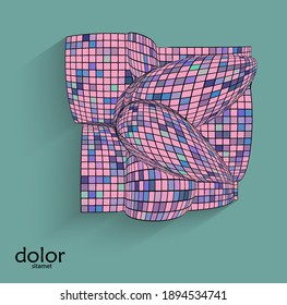 Abstract vector geometric shape with realistic shadow on flat colored background. 3D computer model  wire frame futuristic object. Grid distorted with multicolored pars. Technology data science icon.