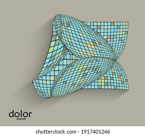 Abstrakte, geometrische Vektorform mit realistischem Schatten auf flachem Hintergrund. 3D-Computermodell Drahtrahmen futuristischen Objekt. Gitter verzerrt mit mehrfarbigen Pars. Technologiedatenwissenschaft-Symbol