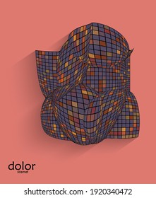 Abstract vector geometric shape with realistic shadow on flat colored background. 3D computer model  wire frame futuristic object. Grid distorted with multicolored pars. Technology data science icon.