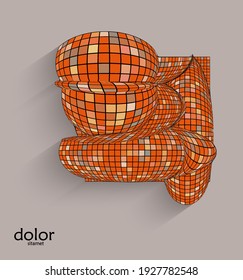 Abstract vector geometric shape with realistic shadow on flat colored background. 3D computer model  wire frame futuristic object. Grid distorted with multicolored pars. Technology data science icon.