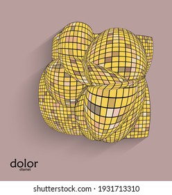 Abstract vector geometric shape with realistic shadow on flat colored background. 3D computer model  wire frame futuristic object. Grid distorted with multicolored pars. Technology data science icon.