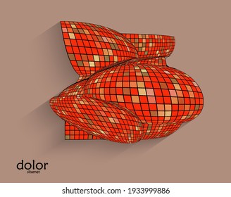 Abstract vector geometric shape with realistic shadow on flat colored background. 3D computer model  wire frame futuristic object. Grid distorted with multicolored pars. Technology data science icon.