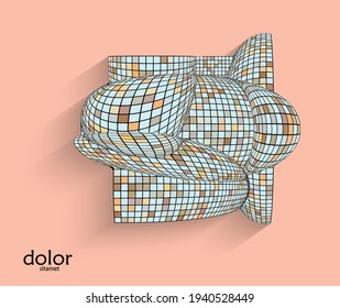 Abstract vector geometric shape with realistic shadow on flat colored background. 3D computer model  wire frame futuristic object. Grid distorted with multicolored pars. Technology data science icon.