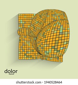 Abstract vector geometric shape with realistic shadow on flat colored background. 3D computer model  wire frame futuristic object. Grid distorted with multicolored pars. Technology data science icon.