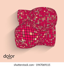 Abstract vector geometric shape with realistic shadow on flat colored background. 3D computer model  wire frame futuristic object. Grid distorted with multicolored pars. Technology data science icon.