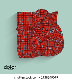 Abstract vector geometric shape with realistic shadow on flat colored background. 3D computer model  wire frame futuristic object. Grid distorted with multicolored pars. Technology data science icon.