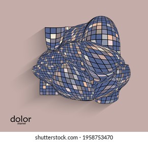 Abstract vector geometric shape with realistic shadow on flat colored background. 3D computer model  wire frame futuristic object. Grid distorted with multicolored pars. Technology data science icon.