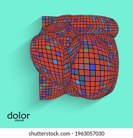 Abstract vector geometric shape with realistic shadow on flat colored background. 3D computer model  wire frame futuristic object. Grid distorted with multicolored pars. Technology data science icon.