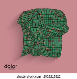 Abstract vector geometric shape with realistic shadow on flat colored background. 3D computer model  wire frame futuristic object. Grid distorted with multicolored pars. Technology data science icon.