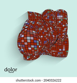 Abstract vector geometric shape with realistic shadow on flat colored background. 3D computer model  wire frame futuristic object. Grid distorted with multicolored pars. Technology data science icon.