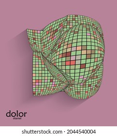 Abstract vector geometric shape with realistic shadow on flat colored background. 3D computer model  wire frame futuristic object. Grid distorted with multicolored pars. Technology data science icon.