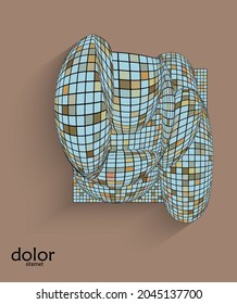Abstract vector geometric shape with realistic shadow on flat colored background. 3D computer model  wire frame futuristic object. Grid distorted with multicolored pars. Technology data science icon.