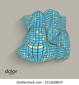Abstract vector geometric shape with realistic shadow on flat colored background. 3D computer model  wire frame futuristic object. Grid distorted with multicolored pars. Technology data science icon.