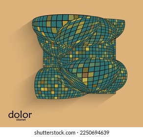 Abstract vector geometric shape with realistic shadow on flat colored background. 3D computer model  wire frame futuristic object. Grid distorted with multicolored pars. Technology data science icon.