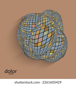 Abstract vector geometric shape with realistic shadow on flat colored background. 3D computer model  wire frame futuristic object. Grid distorted with multicolored pars. Technology data science icon.