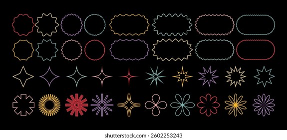 Abstract Vector Geometric Shapes Set. Retro Line Forms. Modern Icon Graphic Design Element. Y2K Stickers with Labels, Stars, Flower Figures