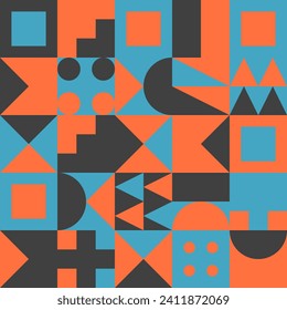 Abstract vector geometric style pattern design in Bauhaus style. Popular abstract background vector modern  red blue orange colors. Art shapes circles and squares. For print banner and backgraund