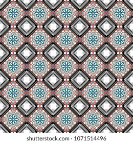 Abstract vector geometry surfaces, lines and points seamless pattern in gray, orange and blue tones. Used as digital wallpaper and technology background.