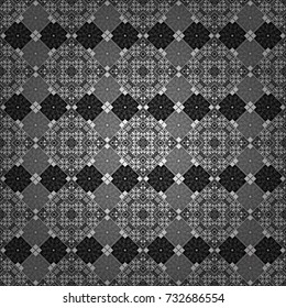 Abstract vector geometry surfaces, lines and points seamless pattern in black, white and gray tones. Used as digital wallpaper and technology background.