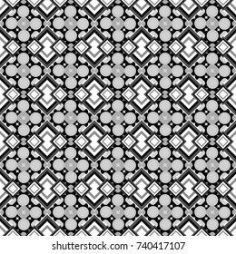 Abstract vector geometry surfaces, lines and points seamless pattern in black, white and gray tones. Used as digital wallpaper and technology background.