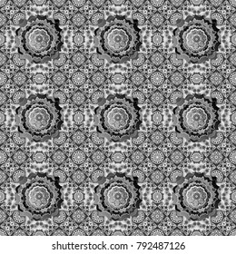 Abstract vector geometry surfaces, lines and points seamless pattern in gray, black and white tones. Used as digital wallpaper and technology background.