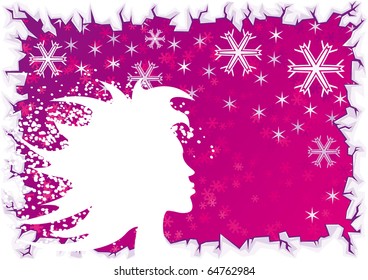 Silueta de niña vector abstracta con fondo morado de invierno y borde de hielo