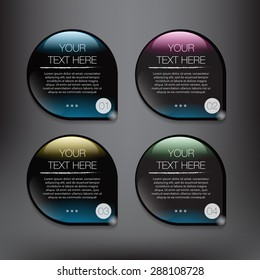 Abstract vector glass banners set of 4. Isolated on the black panel. 4 parts concept. Vector illustration. Eps10