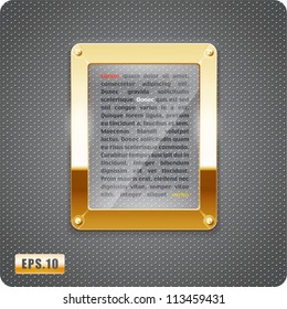 Abstract vector glass plane on halftone background. Gold metal frame. 3d. Eps10.