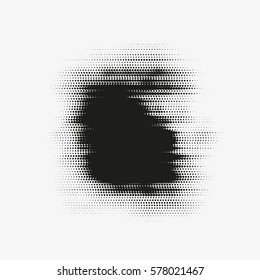 Abstract vector glitched halftone stain. Black blot made of round particles. Modern illustration with dark, distorted spot. Splattered array of dots. Gradation of tone. Element of design.