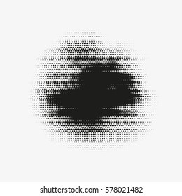 Abstract vector glitched halftone stain. Black blot made of round particles. Modern illustration with dark, distorted spot. Splattered array of dots. Gradation of tone. Element of design.