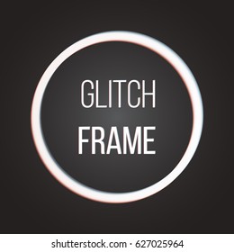 Abstract vector glitchy white round banner on dark background. Futuristic style card. Illustration