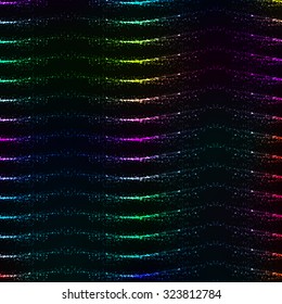 Abstract vector glitter wavy background. Rainbow shining stripes on dark background. 