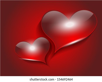 Abstract vector glossy heart illustration in shiny red color background.