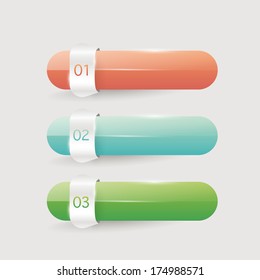 Abstract vector glossy One Two Three steps, progress banners with colorful tags sat.