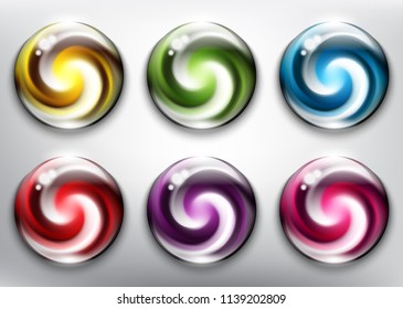 Abstract vector glossy web buttons set of 6. Colorful web buttons with swirl design. Isolated on the white background. Vector illustration. Eps10.