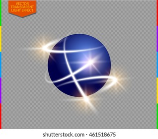 Abstract vector glow star trail light effect with neon blur curved line. Blue ball with glow satellite. Atom core with electron