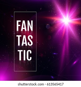 Abstract vector glowing background. Lens Flare fantastic design. Futuristic illustration with stage spot light and light burst. Space concept template. Flash Highlight beam. Glare, flicker and glow.