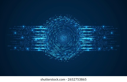 Vetor abstrato de fluxo de dados circulares azul brilhante no fundo escuro, ideal para sistemas tecnológicos futuristas, processamento de sinais, análise de IA, segurança cibernética e redes digitais.